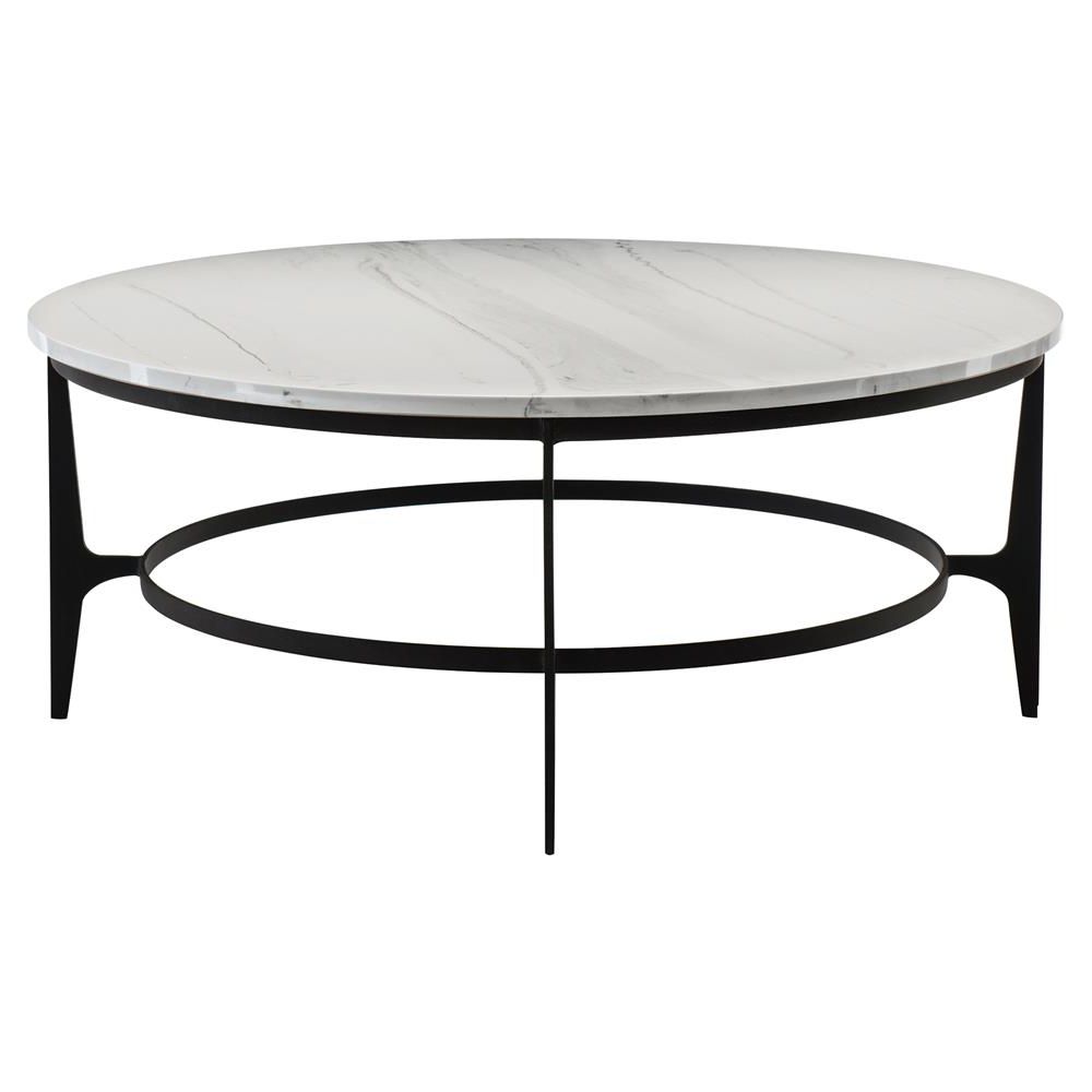 Marble And White Coffee Tables Intended For Recent Cleo Modern Classic Round White Faux Marble Top Black Metal Round (View 4 of 10)