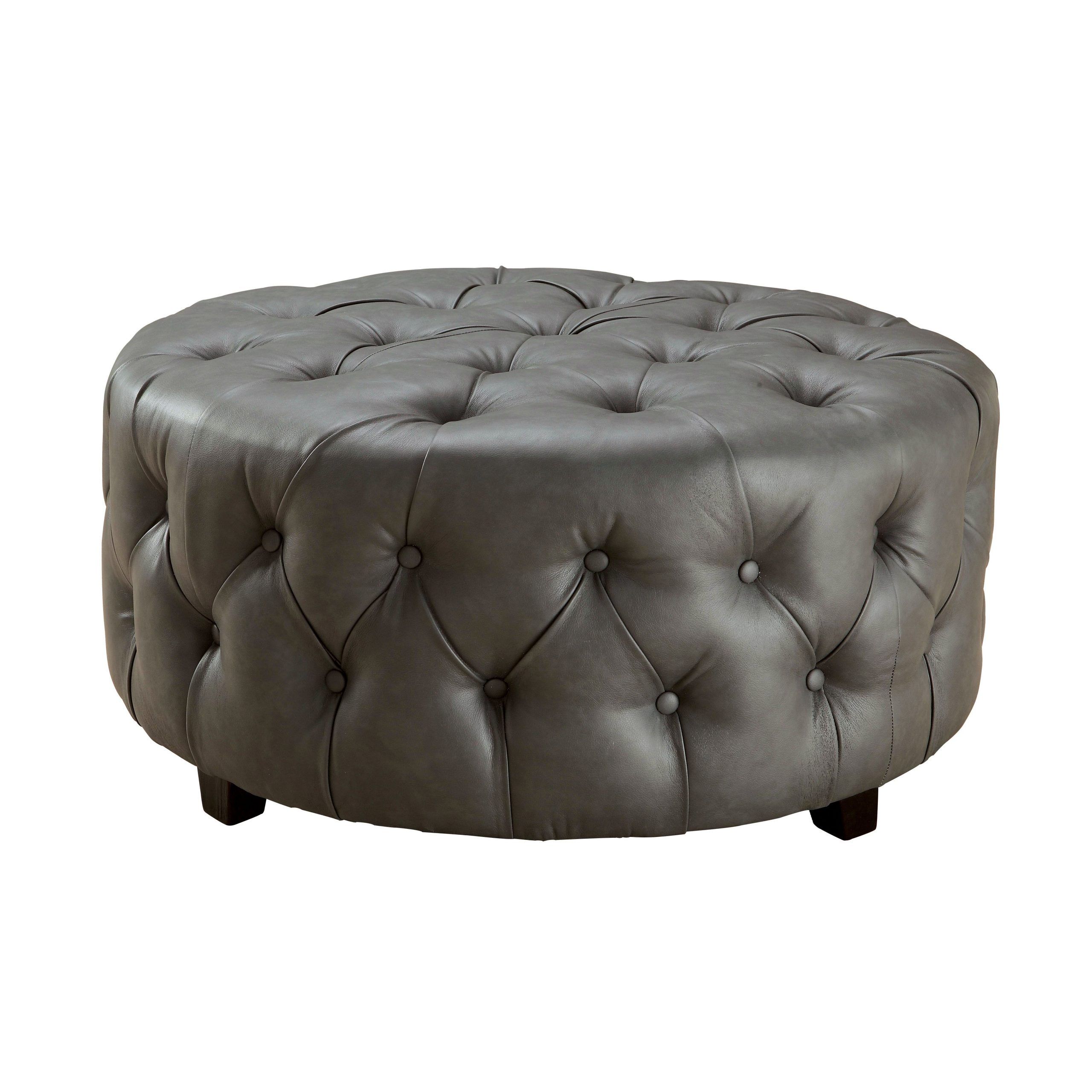 Medium Gray Leather Pouf Ottomans Within Popular House Of Hampton Bowie Leather Tufted Round Ottoman & Reviews (View 1 of 10)