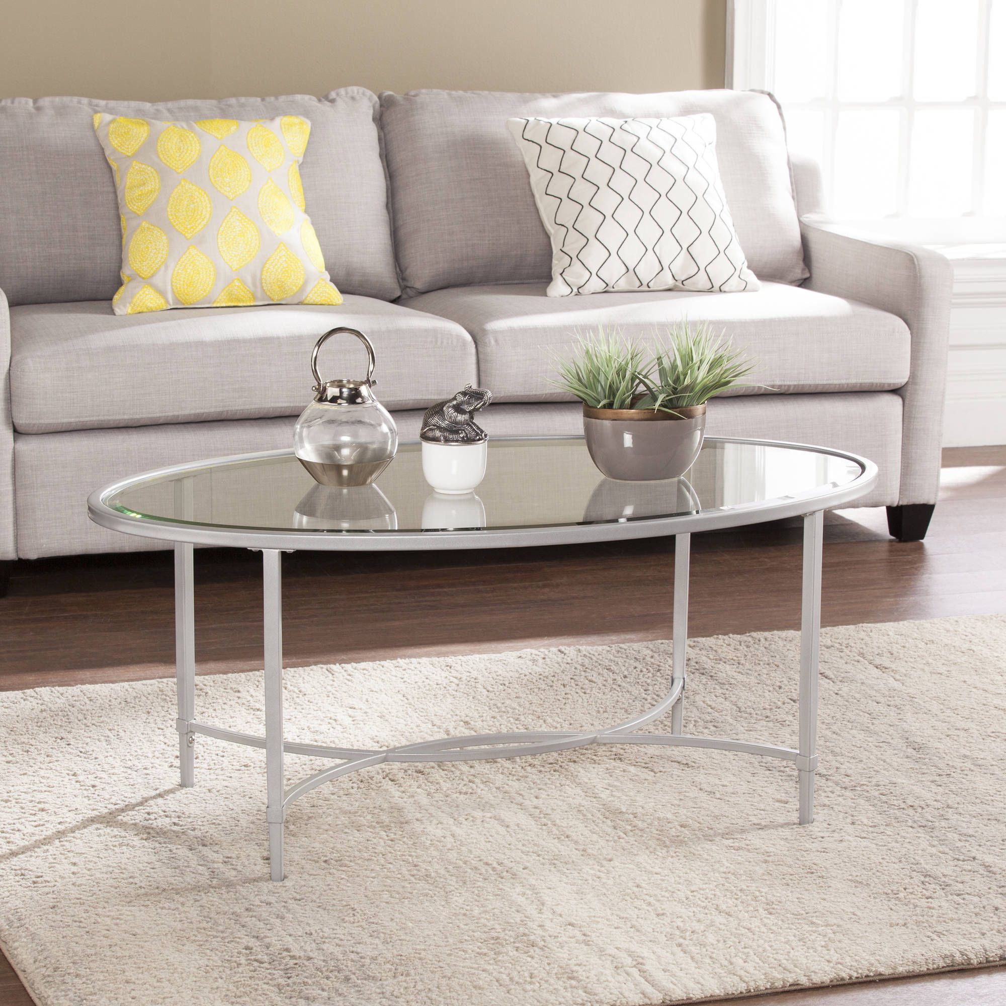 Metallic Silver Cocktail Tables Within Well Liked Quibilah Metal/glass Oval Coffee Table, Silver – Walmart – Walmart (View 3 of 10)