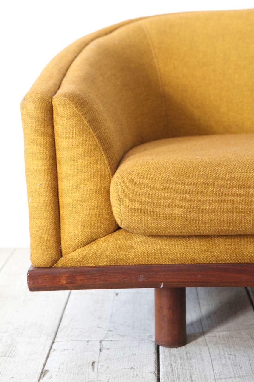 Mid Century Curved Back Sofa In Mustard Yellow Fabric At 1stdibs Inside Preferred Mustard Yellow Modern Ottomans (View 3 of 10)