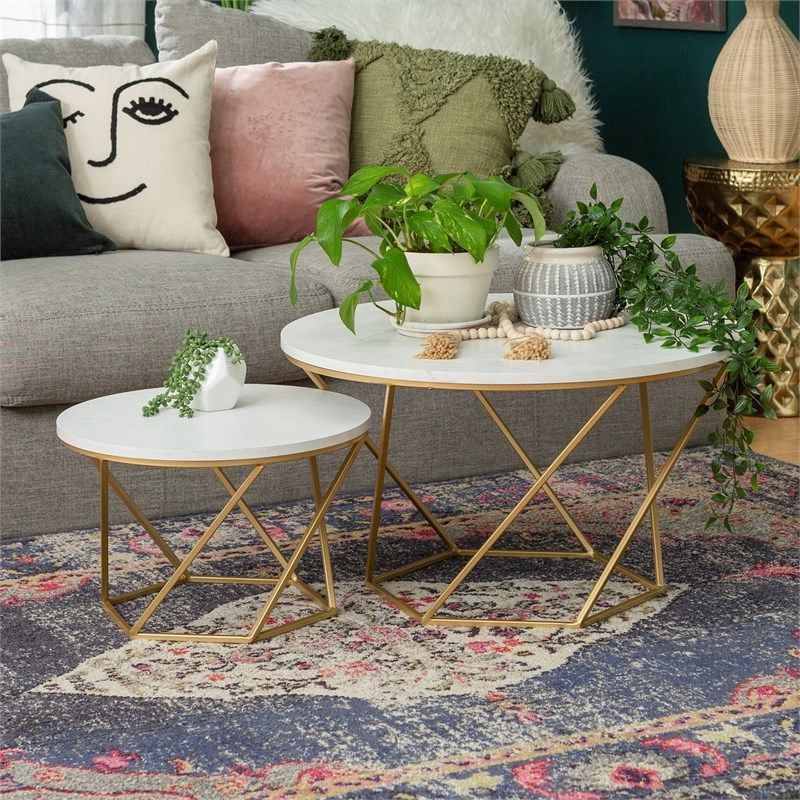 Modern Geometric Nesting Coffee Tables In Gold With White Faux Marble Within Well Liked Geometric Coffee Tables (View 10 of 10)