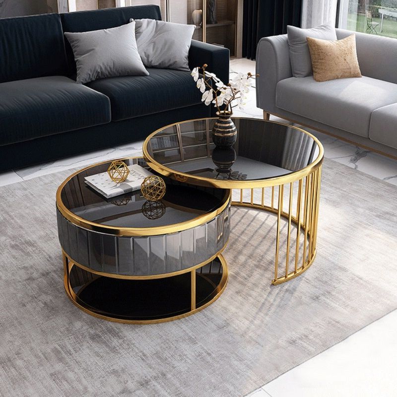 Modern Round Gold & Grey Nesting Coffee Table With Shelf Tempered Glass With Most Recently Released Geometric Glass Top Gold Coffee Tables (View 10 of 10)