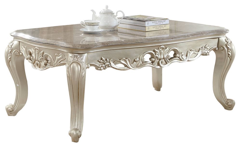 Most Current Antique Blue Wood And Gold Coffee Tables Inside Gorsedd Antique White Marble/wood Coffee Tableacme (View 7 of 10)