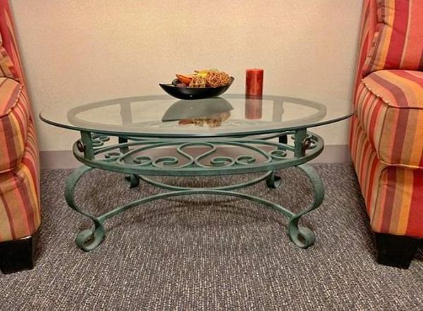 Most Current Gorgeous Ocean Green / Teal Wrought Iron Coffee Table With Oval Glass With Oval Aged Black Iron Coffee Tables (View 8 of 10)