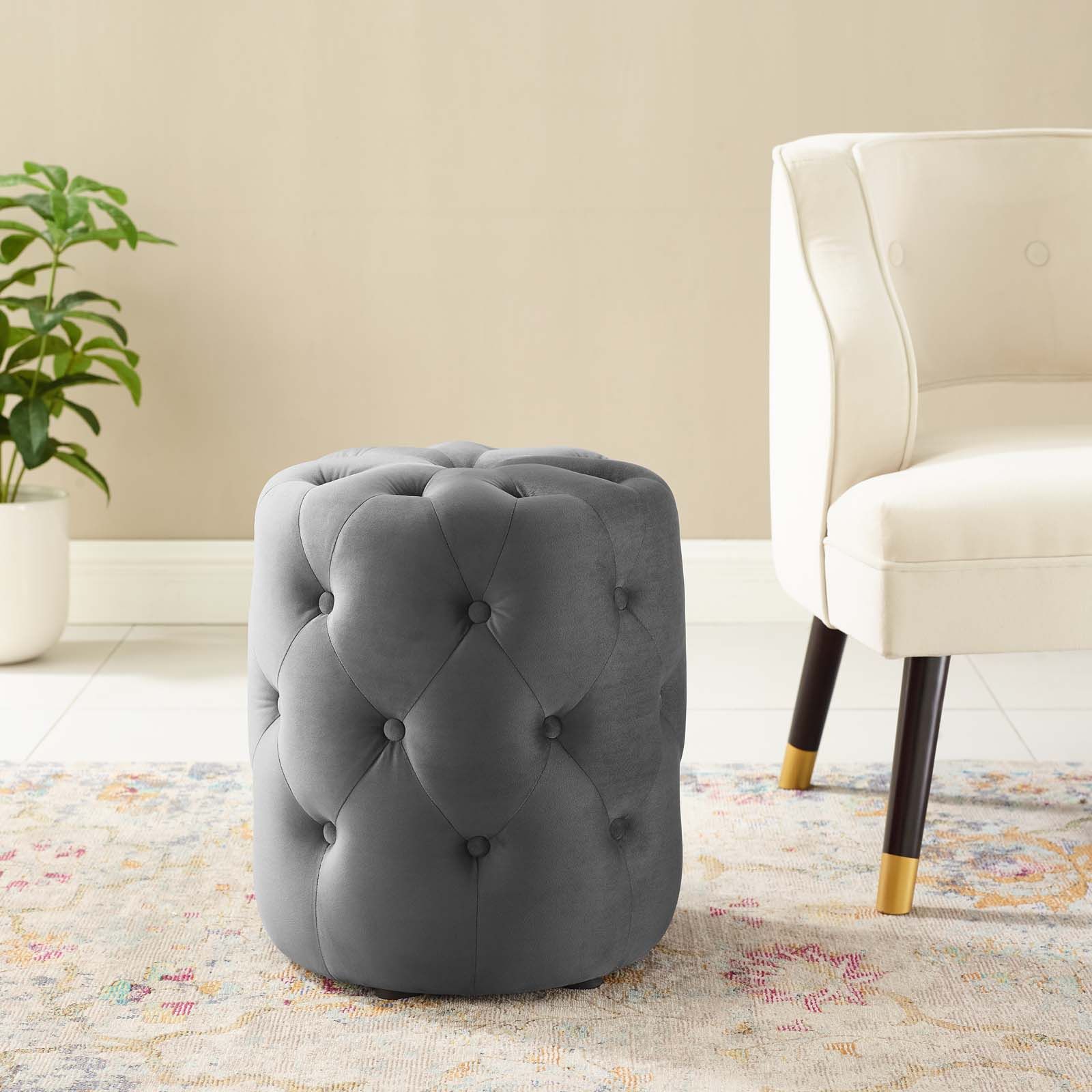 Most Current Gray Velvet Oval Ottomans Pertaining To Anthem Tufted Button Round Performance Velvet Ottoman Gray (View 2 of 10)