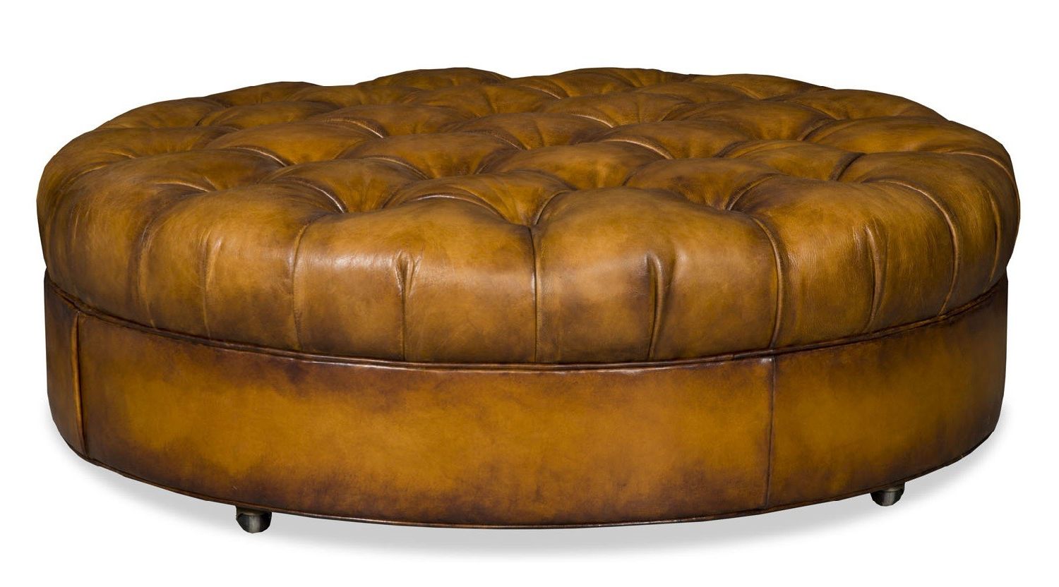 Most Current Round Leather Tufted Ottoman Intended For Gold And White Leather Round Ottomans (View 2 of 10)