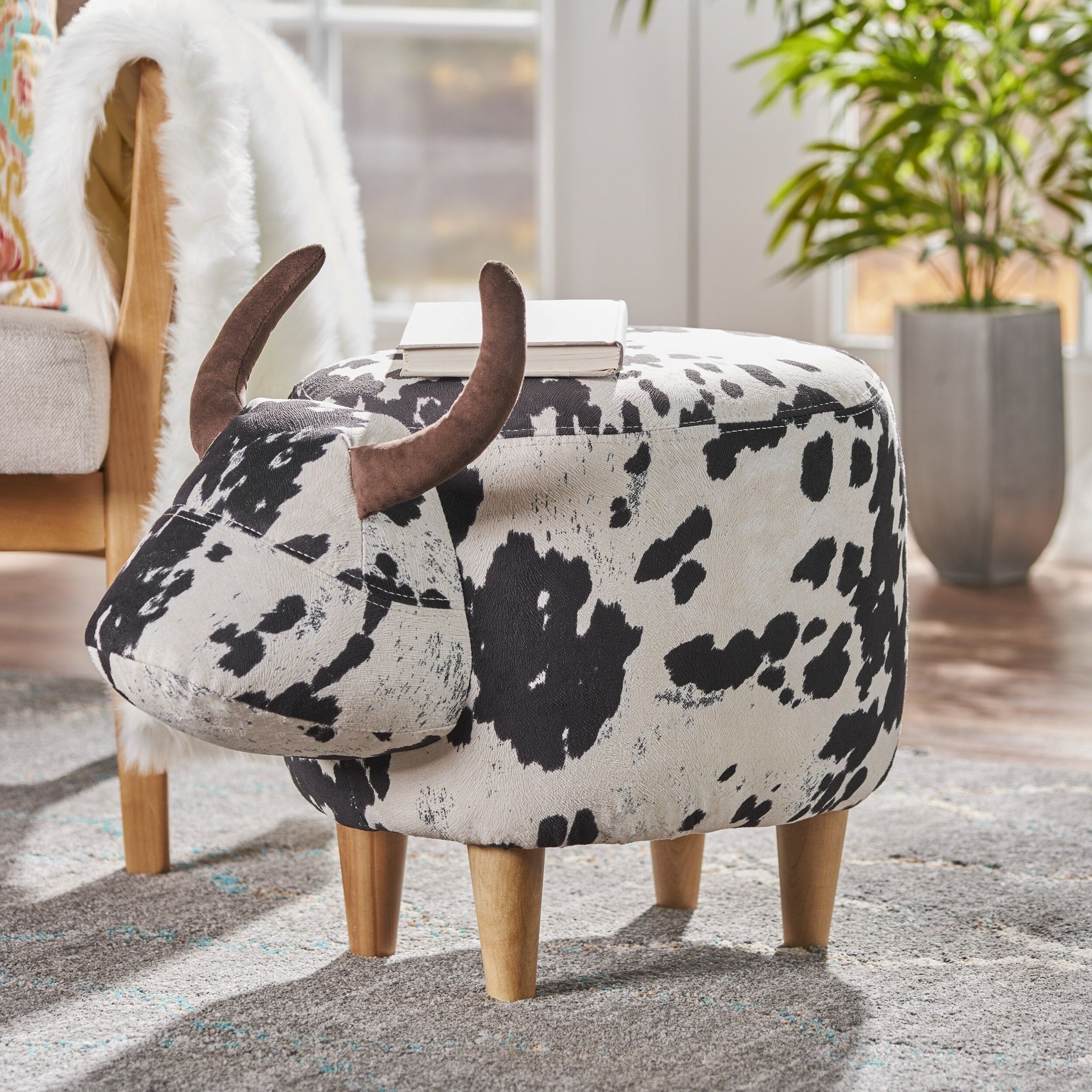 Most Current Warm Brown Cowhide Pouf Ottomans Inside Bessie Fabric Cow Patterned Ottomanchristopher Knight Home – White (View 3 of 10)