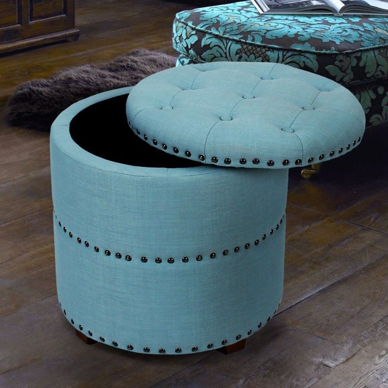 Most Popular Adeco Blue European Style Tufted Round Ottoman With Storage (View 10 of 10)