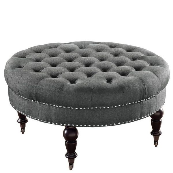 Most Popular Gray And White Fabric Ottomans With Wooden Base In Fabric Upholstered Round Tufted Ottoman With Wood Legs, Gray And Black (View 7 of 10)