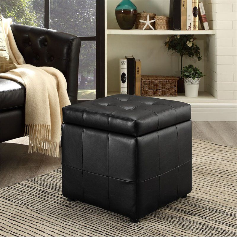 Most Popular Hawthorne Collection Square Faux Leather Storage Ottoman In Black Throughout Black Leather And Gray Canvas Pouf Ottomans (View 2 of 10)