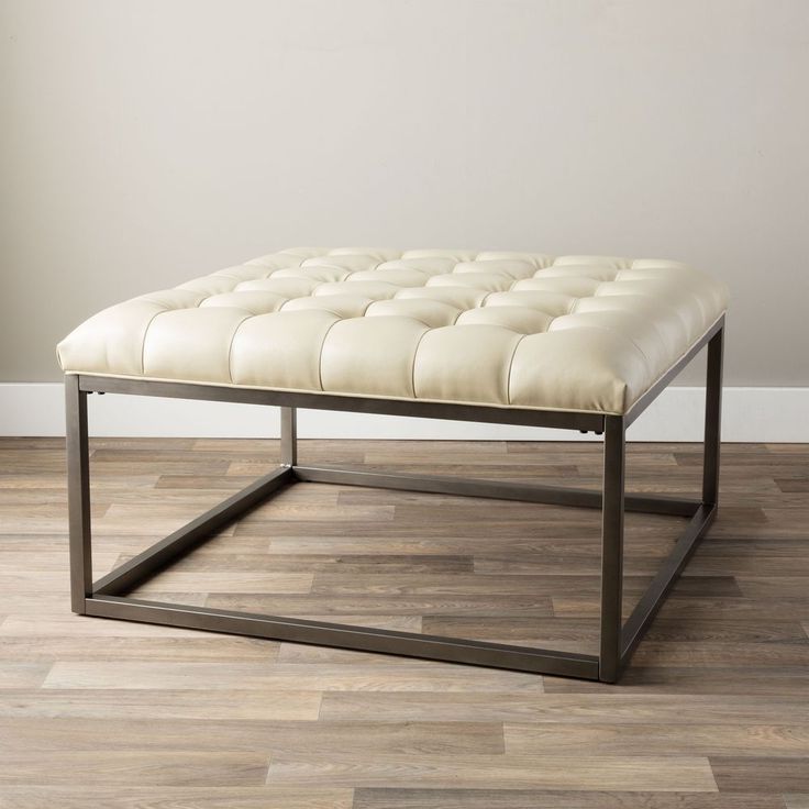 Most Popular Modern Tufted Ottoman Leather Metal Wood Accent White Coffee Table Within Black Leather And Bronze Steel Tufted Ottomans (View 1 of 10)