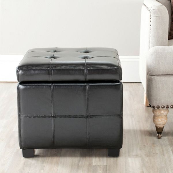 Most Popular Shop Safavieh Broadway Black Leather Tufted Storage Ottoman – On Sale Intended For Black White Leather Pouf Ottomans (View 1 of 10)