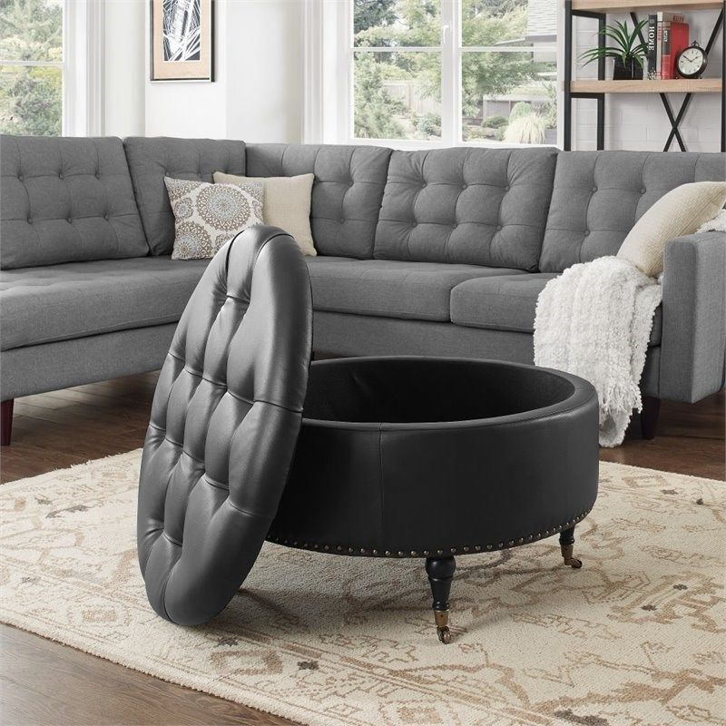 Most Recent Black Faux Leather Tufted Ottomans Throughout Posh Living Landon Tufted Faux Leather Storage Ottoman With Casters In (View 6 of 10)