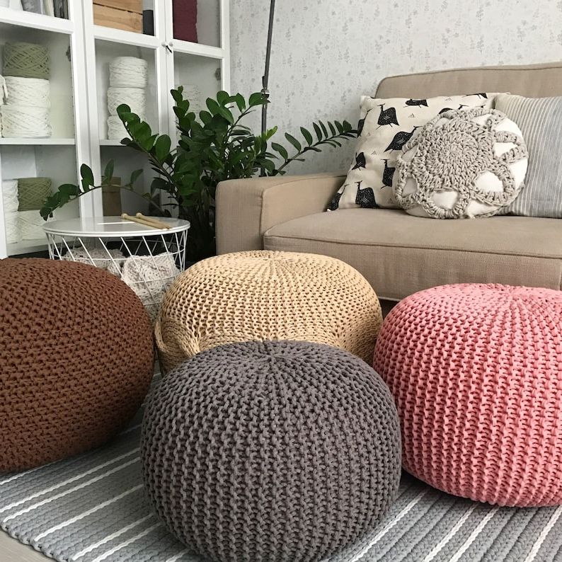 Most Recent Cream Cotton Knitted Pouf Ottomans Pertaining To Knitted Pouf And Ottoman Crochet Poufs Many Colors And Size (View 2 of 10)