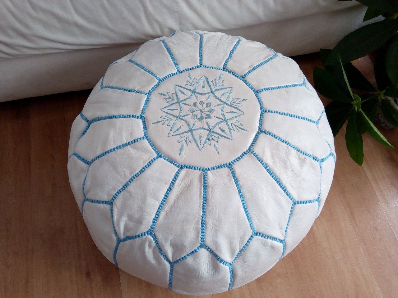 Most Recent Moroccan White Pouf Light Blue Stitching – Leather Unstuffed Pouf With Regard To Light Blue Cylinder Pouf Ottomans (View 10 of 10)