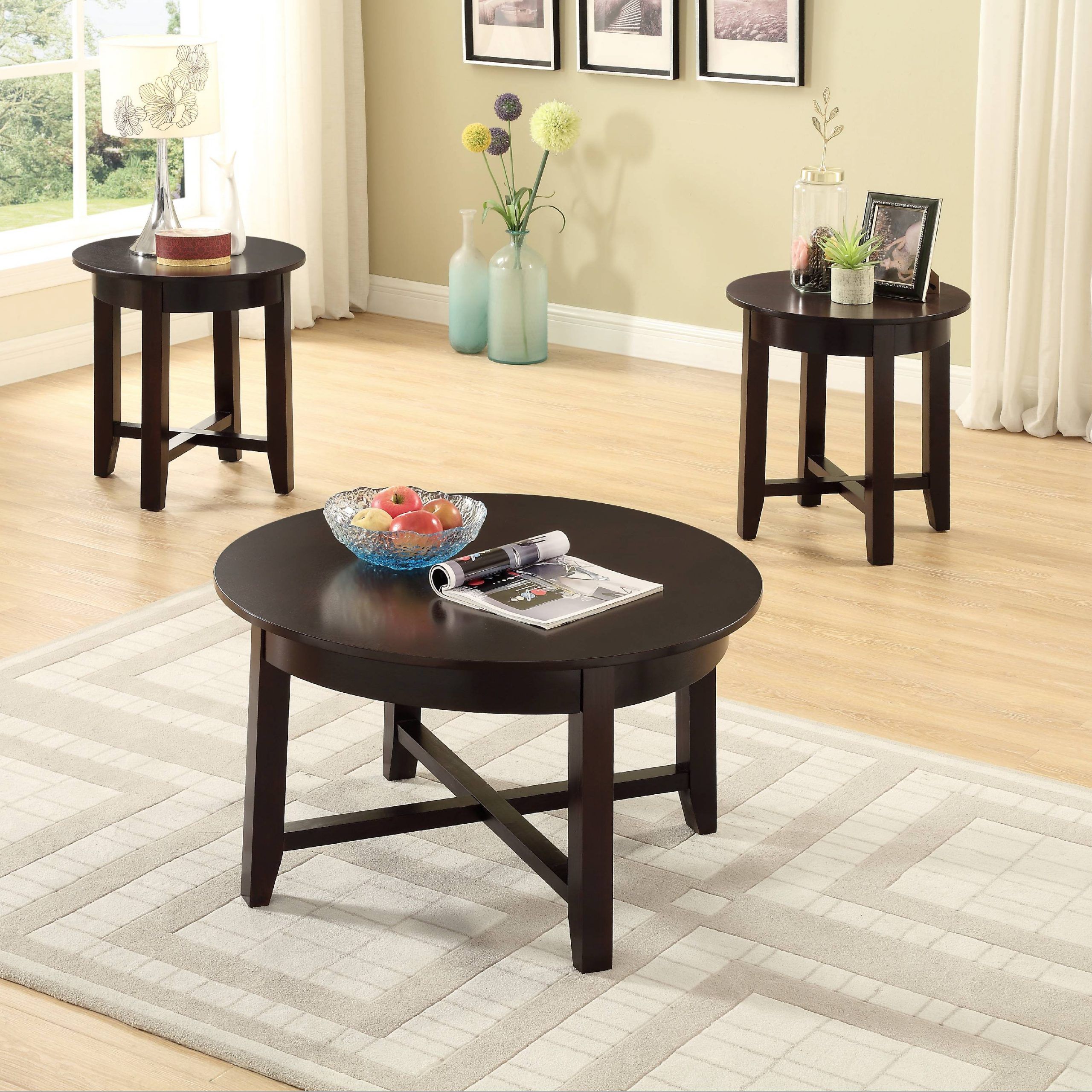 Most Recently Released 2 Piece Round Coffee Tables Set Inside Gtu Furntiure 3pc Round Dark Brown Cocktail Living Room Coffee & End (View 3 of 10)