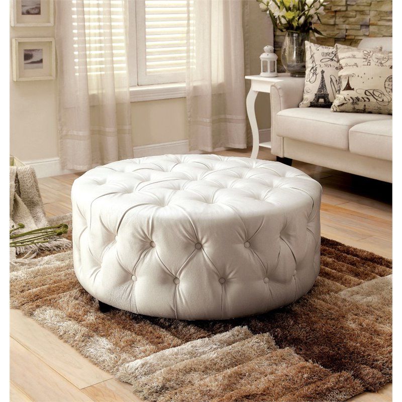 Most Recently Released Bowery Hill Round Tufted Leather Ottoman In White  (View 2 of 10)