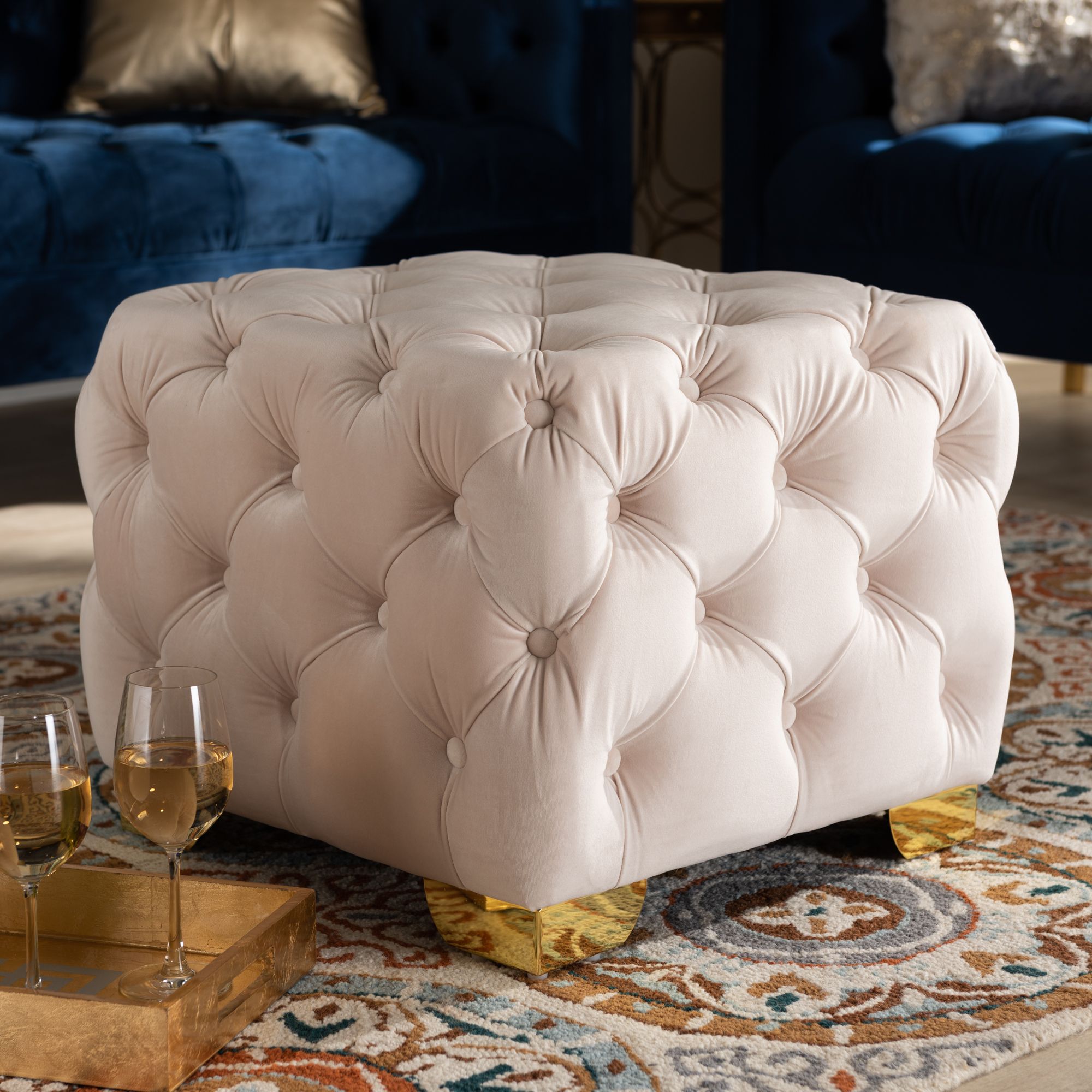 Most Recently Released Cream Fabric Tufted Oval Ottomans Regarding Baxton Studio Avara Glam And Luxe Light Beige Velvet Fabric Upholstered (View 4 of 10)