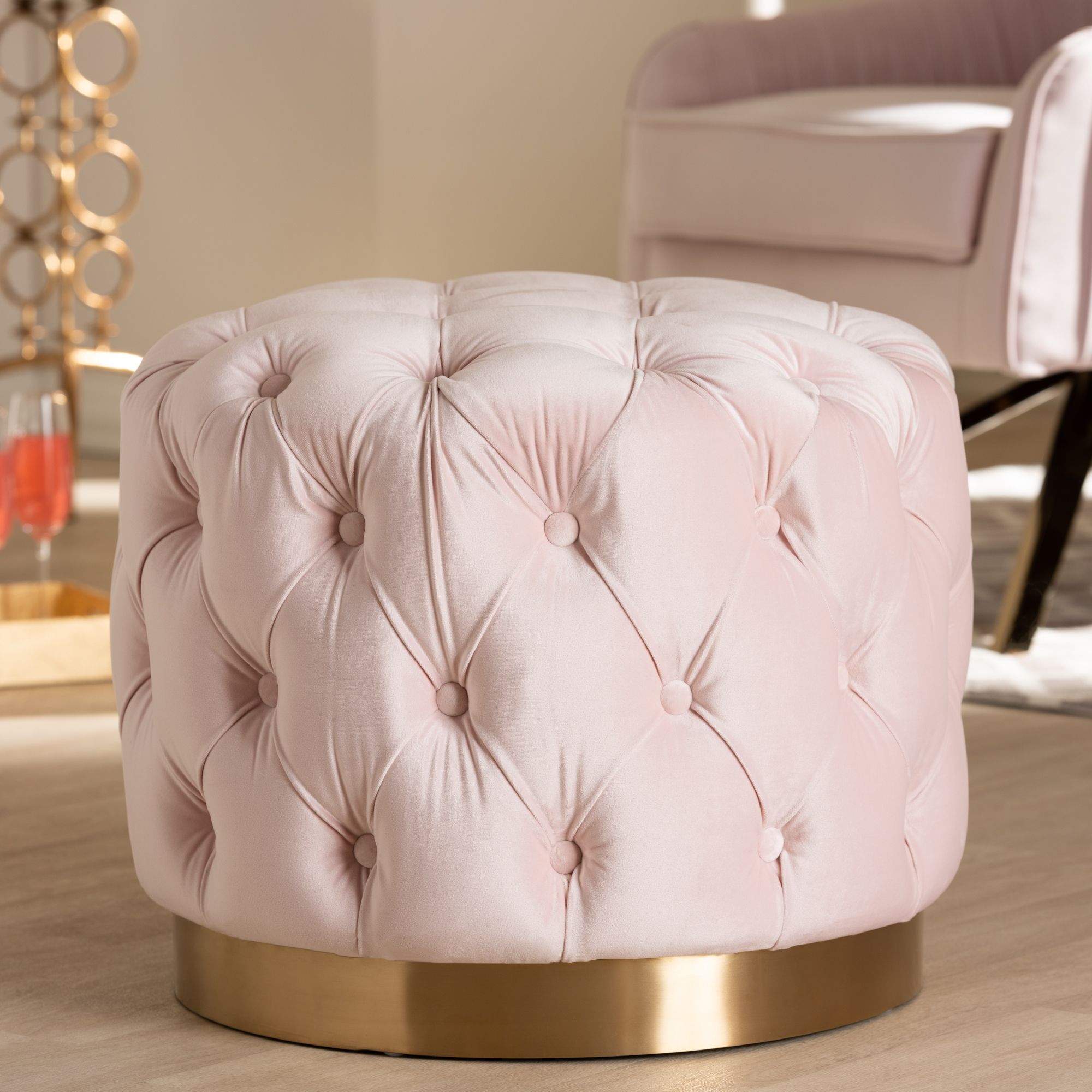 Most Recently Released Light Gray Velvet Fabric Accent Ottomans Within Baxton Studio Valeria Glam Light Pink Velvet Fabric Upholstered Gold (View 1 of 10)