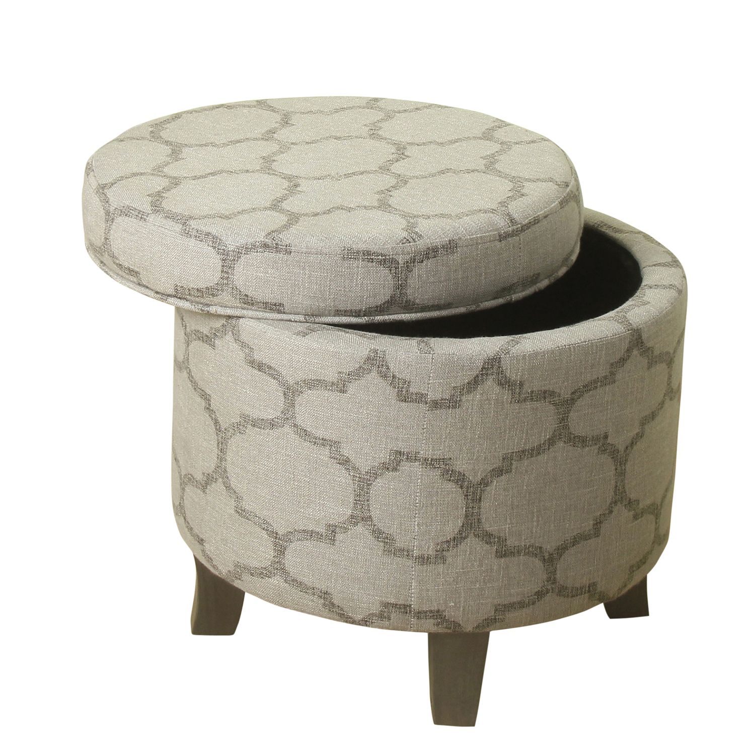 Most Recently Released Round Cream Tasseled Ottomans Pertaining To Classic Gray Quatrefoil Round Storage Ottoman – Pier (View 6 of 10)