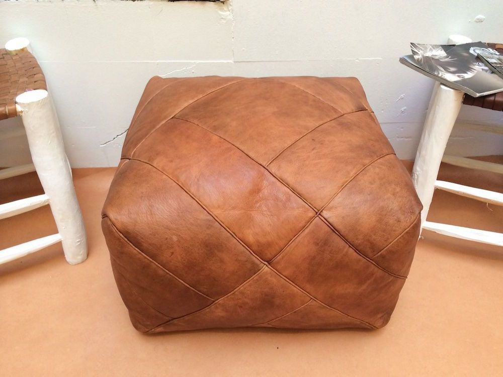 Most Recently Released Square Leather Moroccan Pouf Ottoman Natural Brown Leather Ottoman For Brown Leather Tan Canvas Pouf Ottomans (View 1 of 10)