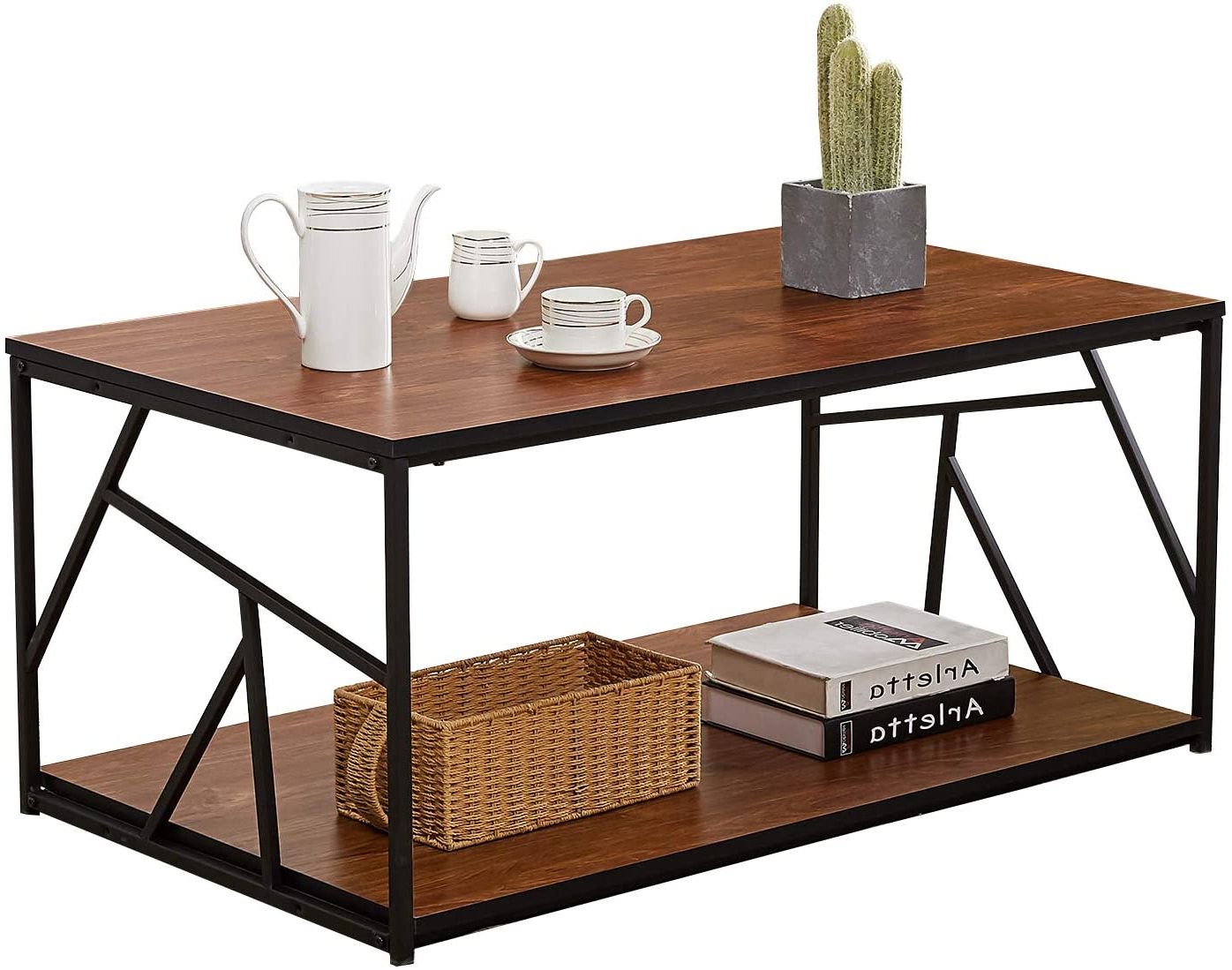 Most Recently Released Vecelo Industrial Coffee Table, Side Table With Storage Shelf Black Within Black Metal Cocktail Tables (View 5 of 10)