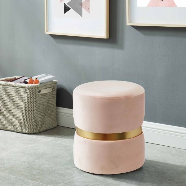 Most Recently Released Violet Round Ottoman In Blush Pink Regarding Cream Velvet Brushed Geometric Pattern Ottomans (View 2 of 10)