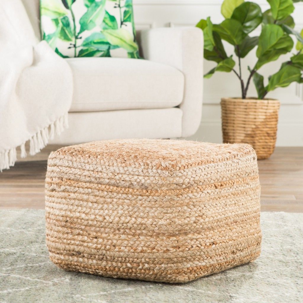 Most Up To Date Beige Tan Braided Jute Pouf Footrest Ottoman Square Sturdy Cube Cushion Pertaining To Natural Beige And White Cylinder Pouf Ottomans (View 4 of 10)