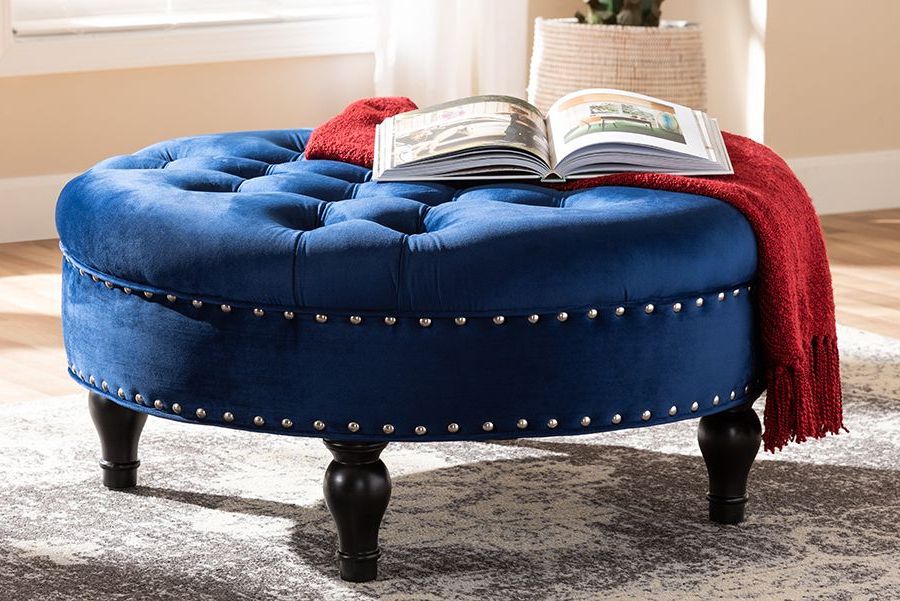 Most Up To Date Blue Fabric Tufted Surfboard Ottomans Within Baxton Studio Palfrey Transitional Blue Velvet Fabric Upholstered (View 2 of 10)
