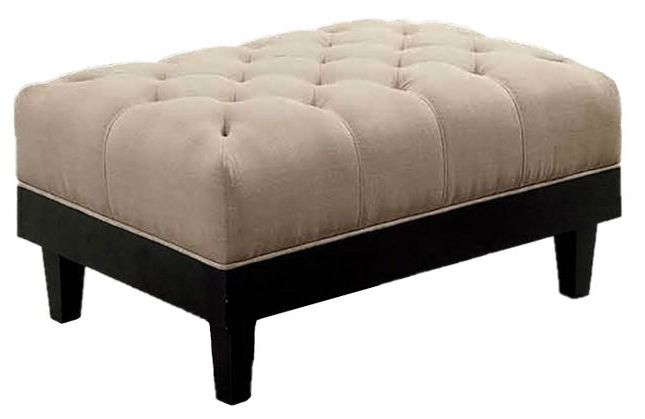 Most Up To Date Hillary Contemporary Button Tufted Ottoman With Wood Base In Beige In Linen Fabric Tufted Surfboard Ottomans (View 1 of 10)