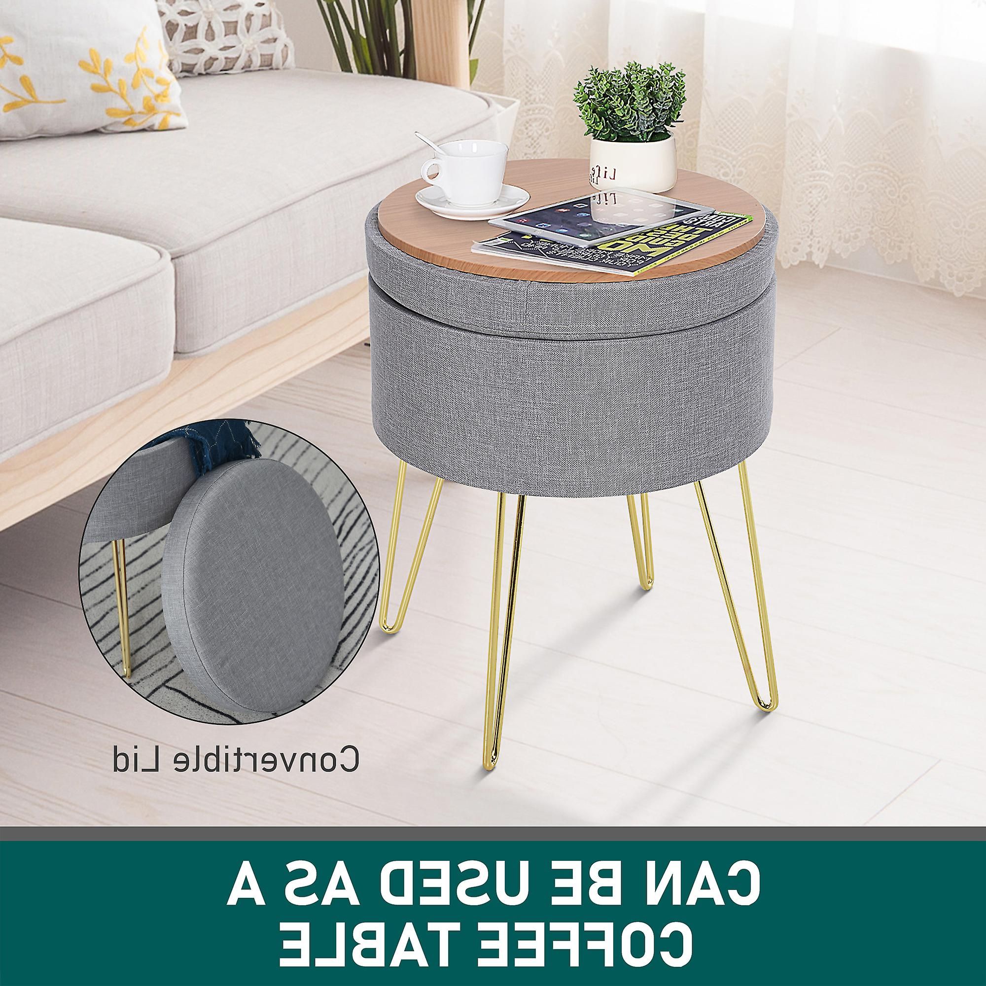 Most Up To Date Homcom Round Linen Look Storage Ottoman Footstool Wood Frame W/ Metal For Cream Linen And Fir Wood Round Ottomans (View 10 of 10)