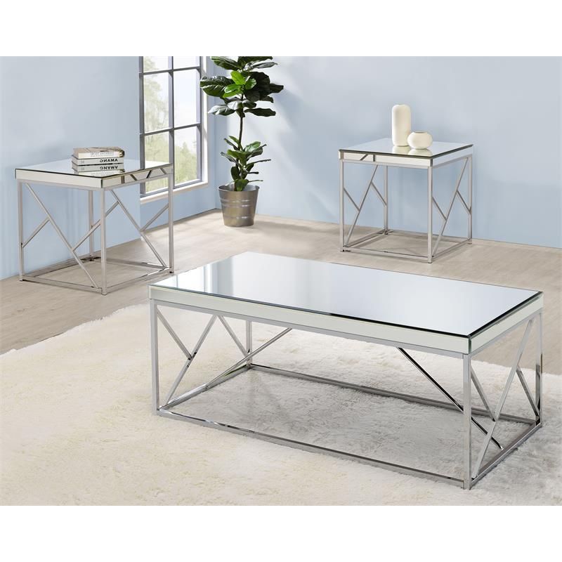 Most Up To Date Mirrored And Chrome Modern Cocktail Tables Regarding Steve Silver Evelyn Mirror Top Chrome Cocktail Table – Ev300c (View 2 of 10)