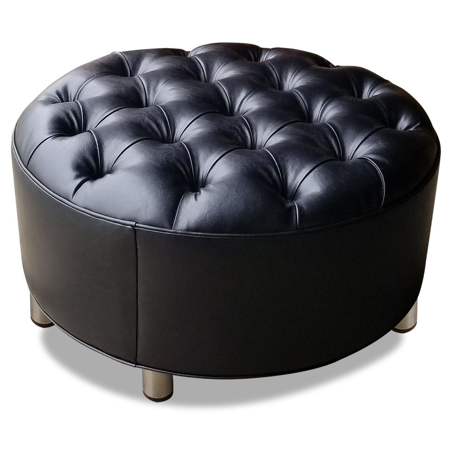 Most Up To Date Modern Round Ottoman, Tufted, Black Vegan Leather, Chrome Metal Legs Inside Brown Faux Leather Tufted Round Wood Ottomans (View 1 of 10)