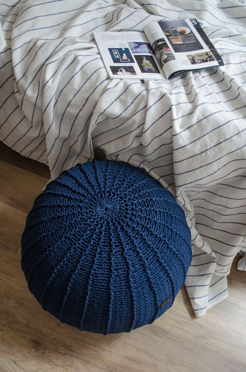 Most Up To Date Navy And Dark Brown Jute Pouf Ottomans Throughout Navy Blue Chunky Knit Pouf Footstool Pouf Ottoman Knitted (View 9 of 10)