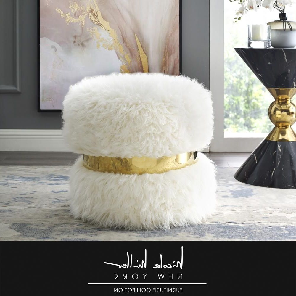 Most Up To Date Nicole Miller Hassan Cream White/gold Faux Fur Round Ottoman Non136 Throughout White Faux Fur Round Ottomans (View 10 of 10)