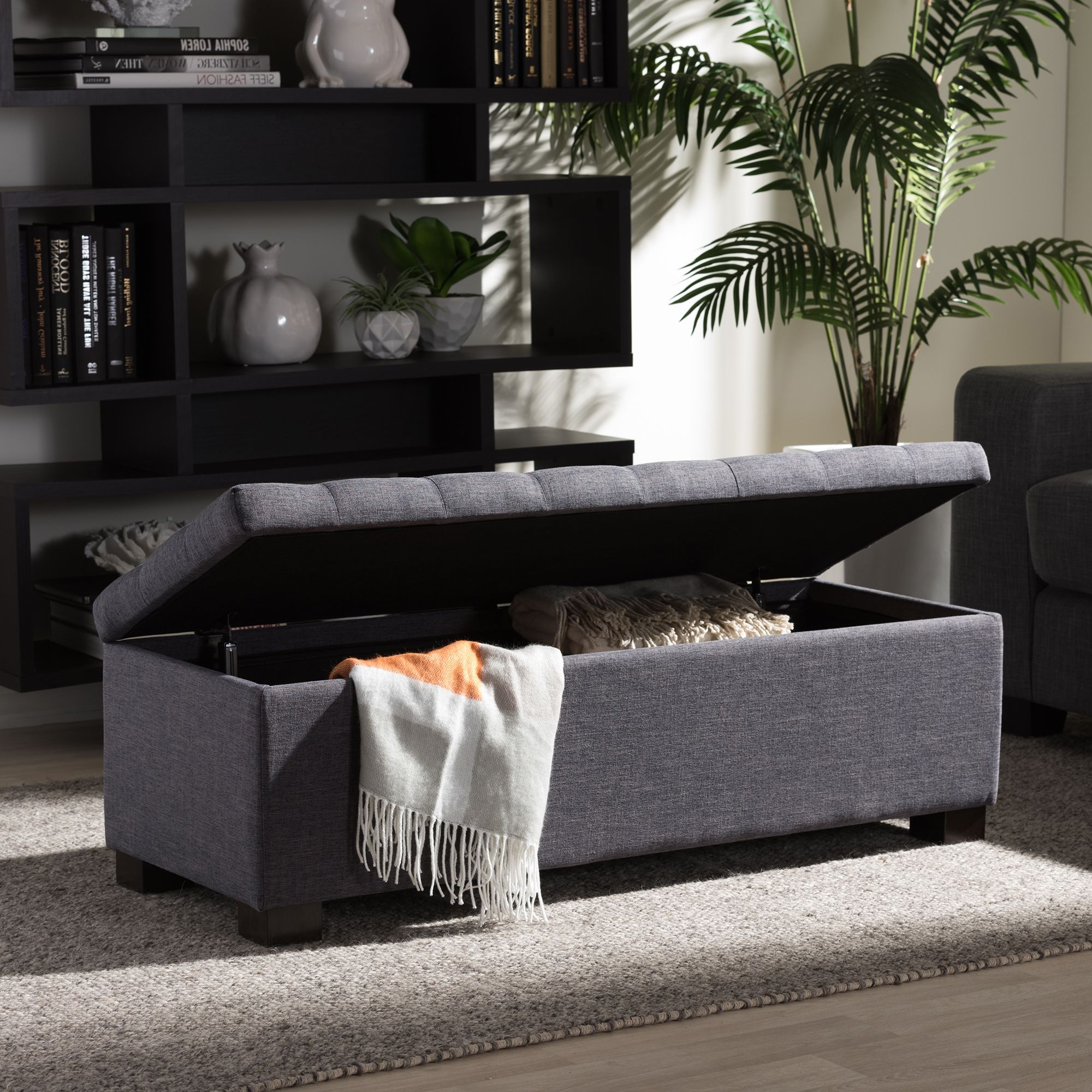 Multi Color Fabric Storage Ottomans Pertaining To Most Popular Roanoke Contemporary Grid Tufted Fabric Upholstered 46" Storage Bench (View 7 of 10)
