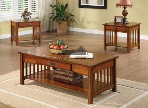 New "seville" Mission Style Oak Finish Wood 3pc Coffee & End Table Set For Well Known Metal And Mission Oak Coffee Tables (View 10 of 10)