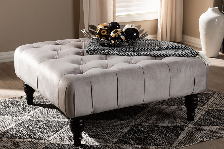 Newest Baxton Studio Keswick Transitional Grey Velvet Fabric Upholstered Within Honeycomb Silver Velvet Fabric Ottomans (View 2 of 10)