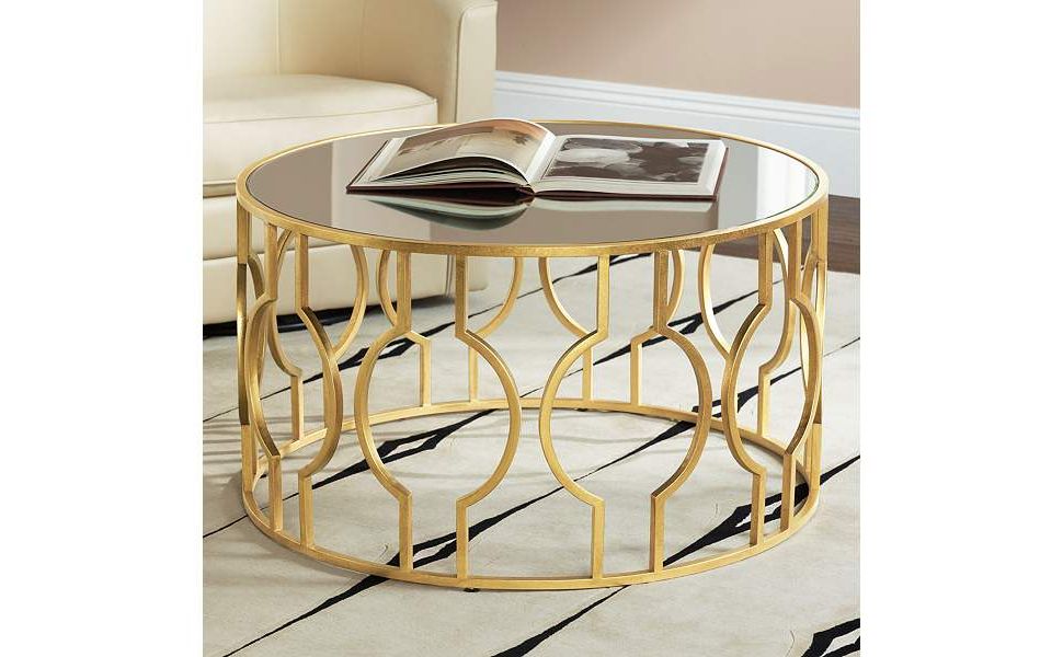 Newest Gold Coffee Tables Throughout Amazon: Fara 35 1/2" Wide Gold Leaf Round Coffee Table – 55 Downing (View 6 of 10)
