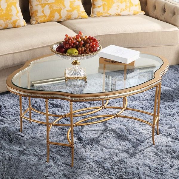 Newest Luxury Mid Century Unique 47" Antique Gold Coffee Table Glass Tabletop Throughout Antique Gold And Glass Coffee Tables (View 7 of 10)