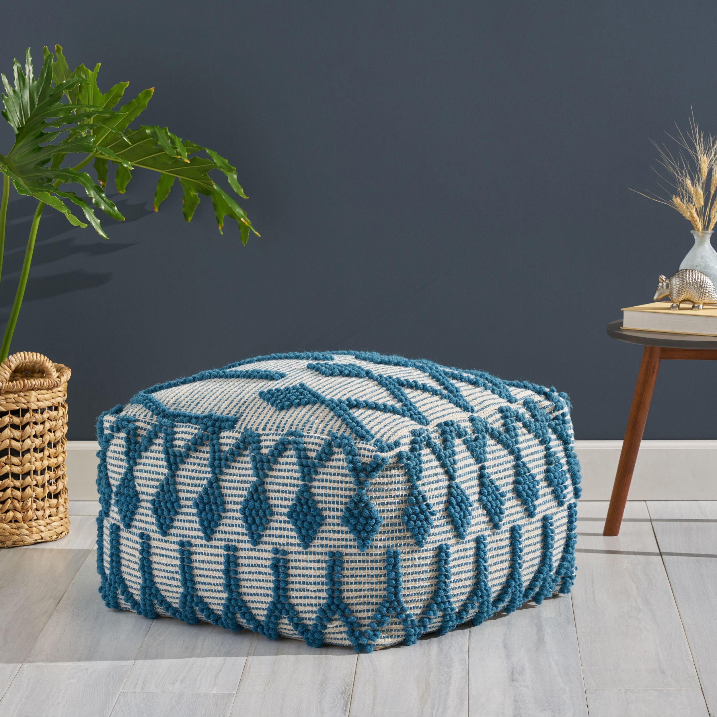 Noble House Liliana Boho Wool And Cotton Large Ottoman Pouf, Teal And With Regard To Most Current Charcoal And White Wool Pouf Ottomans (View 4 of 10)