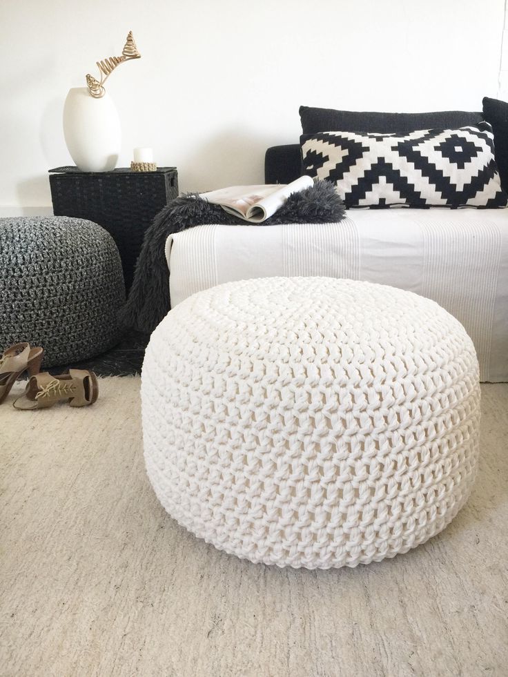 Off White Crochet Large Pouf 24 In Round Ottoman Coffee (View 7 of 10)