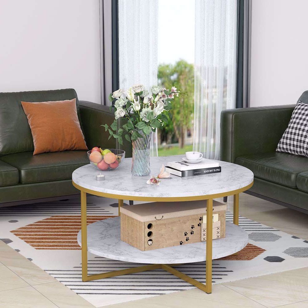 Open Storage Coffee Tables Pertaining To Fashionable Round Coffee Table Modern Marble Style With Gold Metal Legs Open (View 6 of 10)