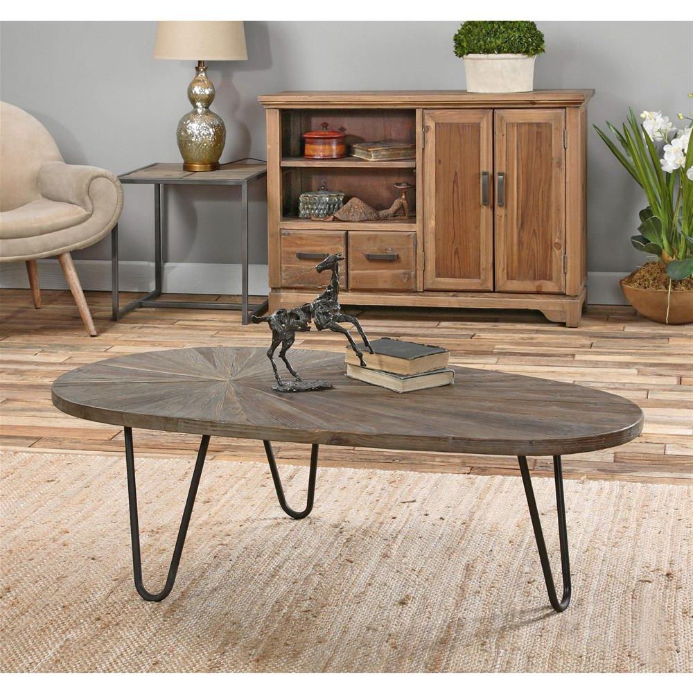 Oval Aged Black Iron Coffee Tables For Trendy Canter Mid Century Recycled Elm Mosaic Iron Hairpin Oval Coffee Table (View 9 of 10)