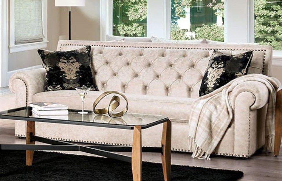 Parshall Beige Faux Leather Sofa (oversized)furniture Of America Inside 2020 Ecru And Otter Coffee Tables (View 1 of 10)