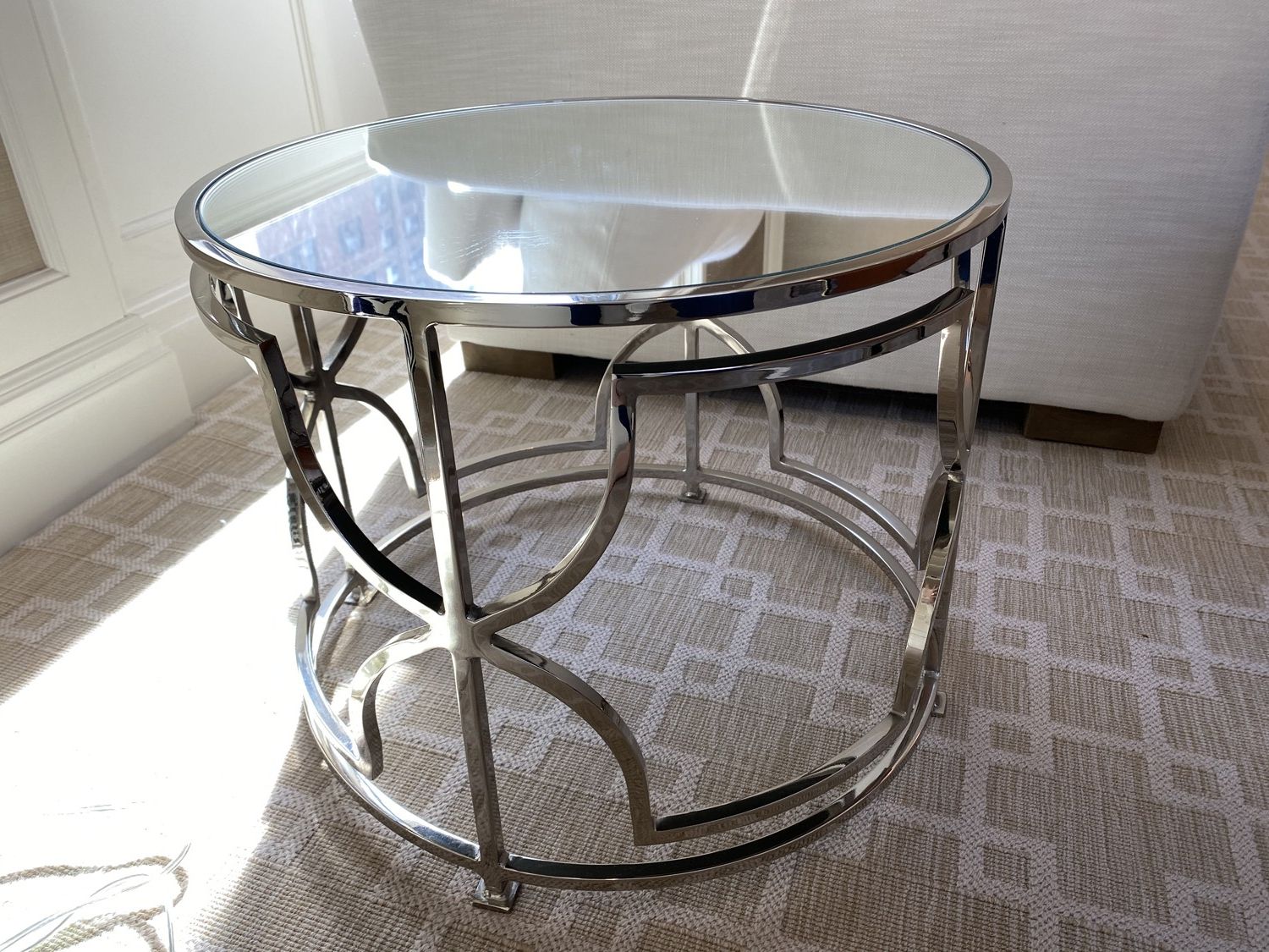Polished Chrome Round Cocktail Tables Intended For Recent Worlds Away Round Polished Chrome Side Table With Mirrored Top • The (View 1 of 10)