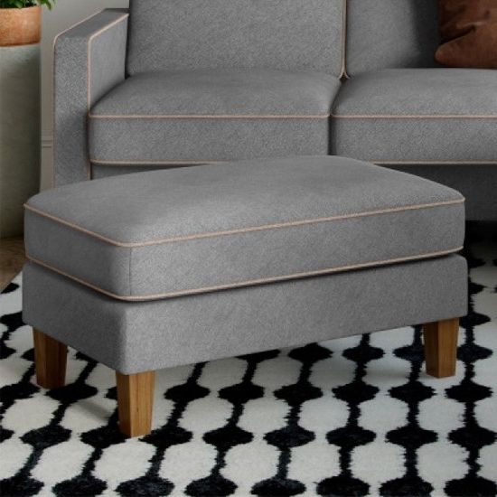 Popular Beige And Light Gray Fabric Pouf Ottomans Within Bowen Chenile Fabric Ottoman In Grey And Beige With Contrast Welting (View 7 of 10)