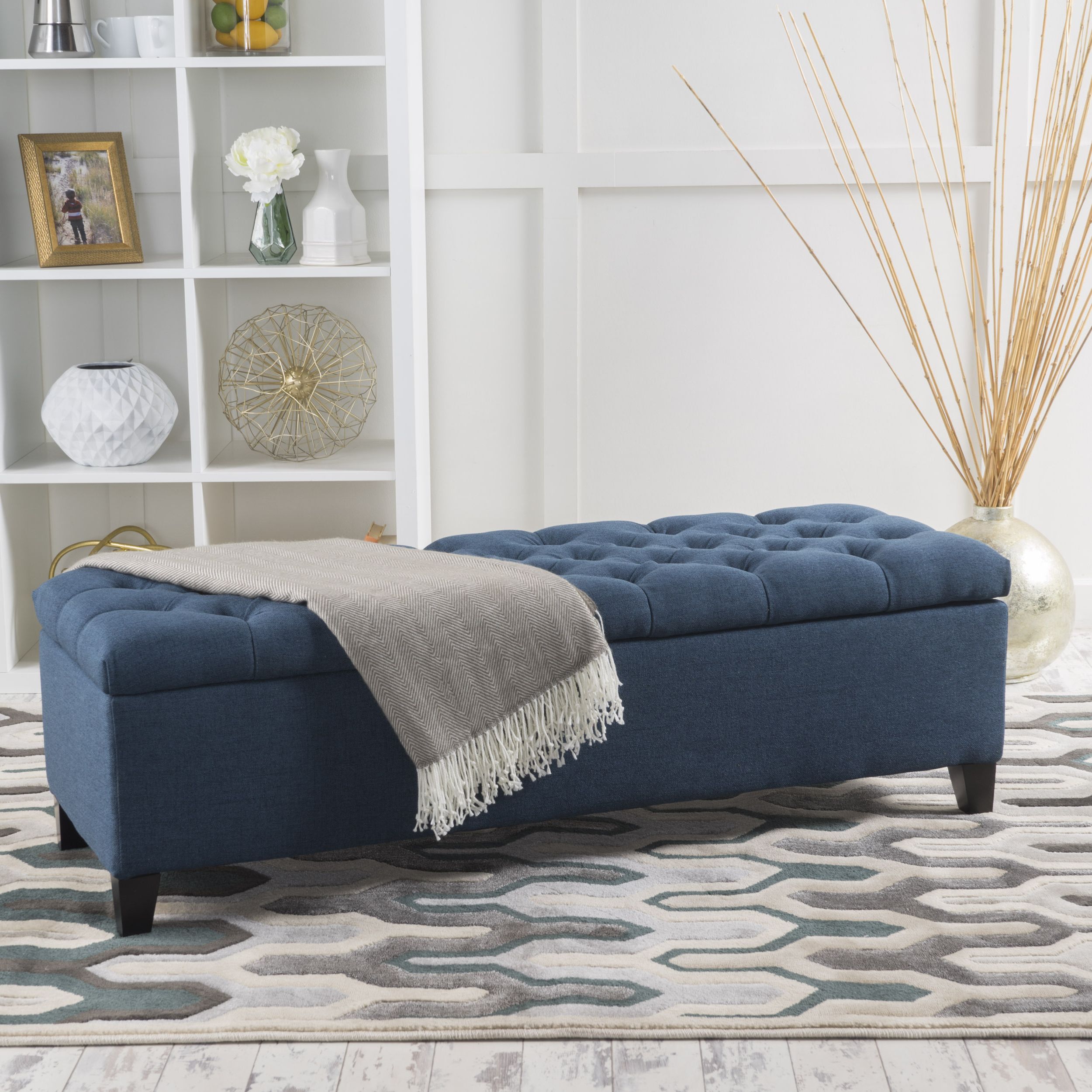 Popular Blue Fabric Tufted Surfboard Ottomans Throughout Noble House Paskal Tufted Fabric Storage Ottoman, Dark Blue – Walmart (View 5 of 10)