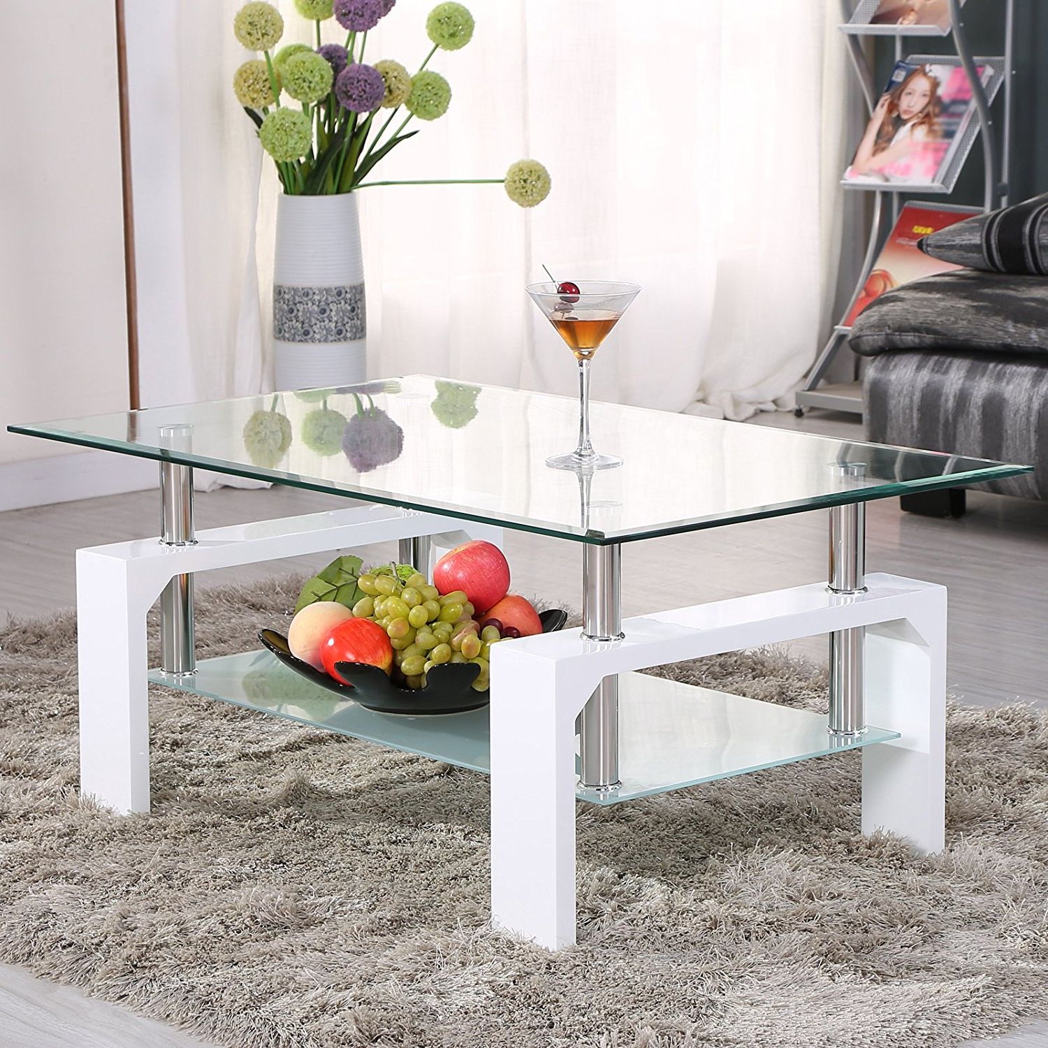 Popular Chrome And Glass Modern Coffee Tables With Uenjoy Rectangular Glass Coffee Table Shelf Chrome White Wood Living (View 10 of 10)