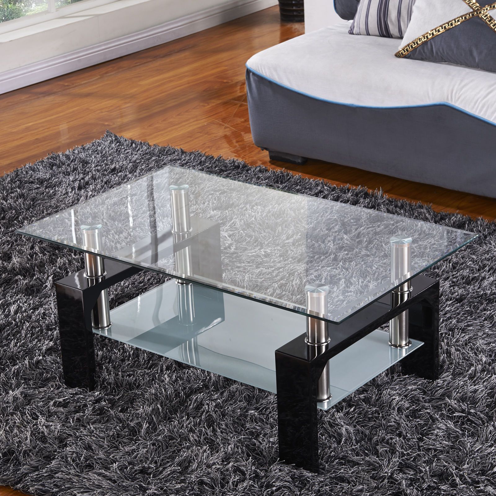 Popular Chrome And Glass Rectangular Coffee Tables Inside Design Glass Top Black Legs Coffee Table Rectangular Chrome Bars Living (View 3 of 10)